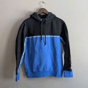 American Eagle Mens Small S Blue Black Colorblock Pullover Hoodie Sweatshirt AE